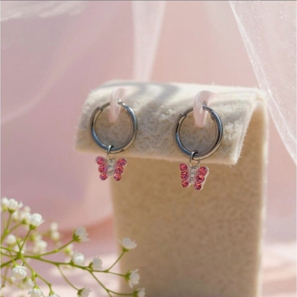FAO Schwarz Butterfly Hoop Earrings Sterling Silver Pink Swarovski Crystal NWT